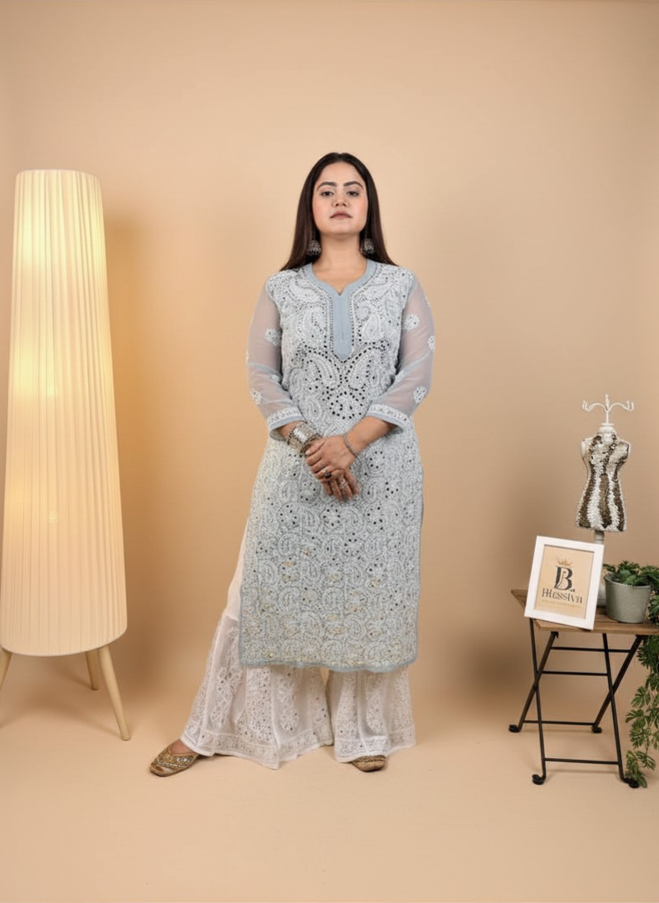 Silver Mist Handcrafted Chikankari Kurta with Mirror Work