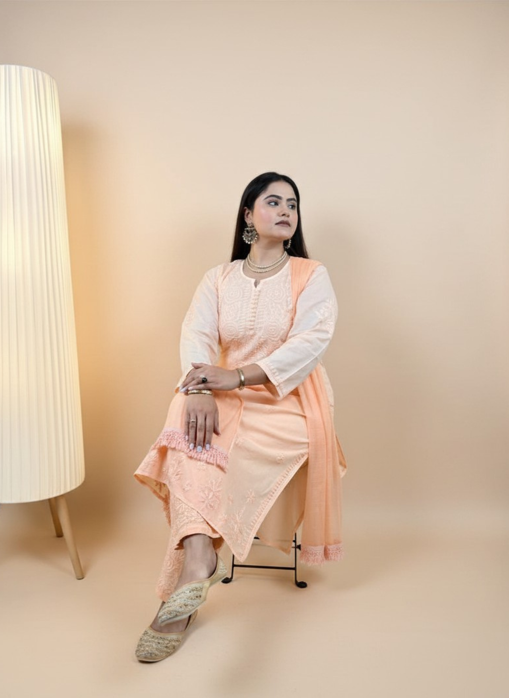 Peach Blossom Hand-Embroidered Chikankari Suit Set