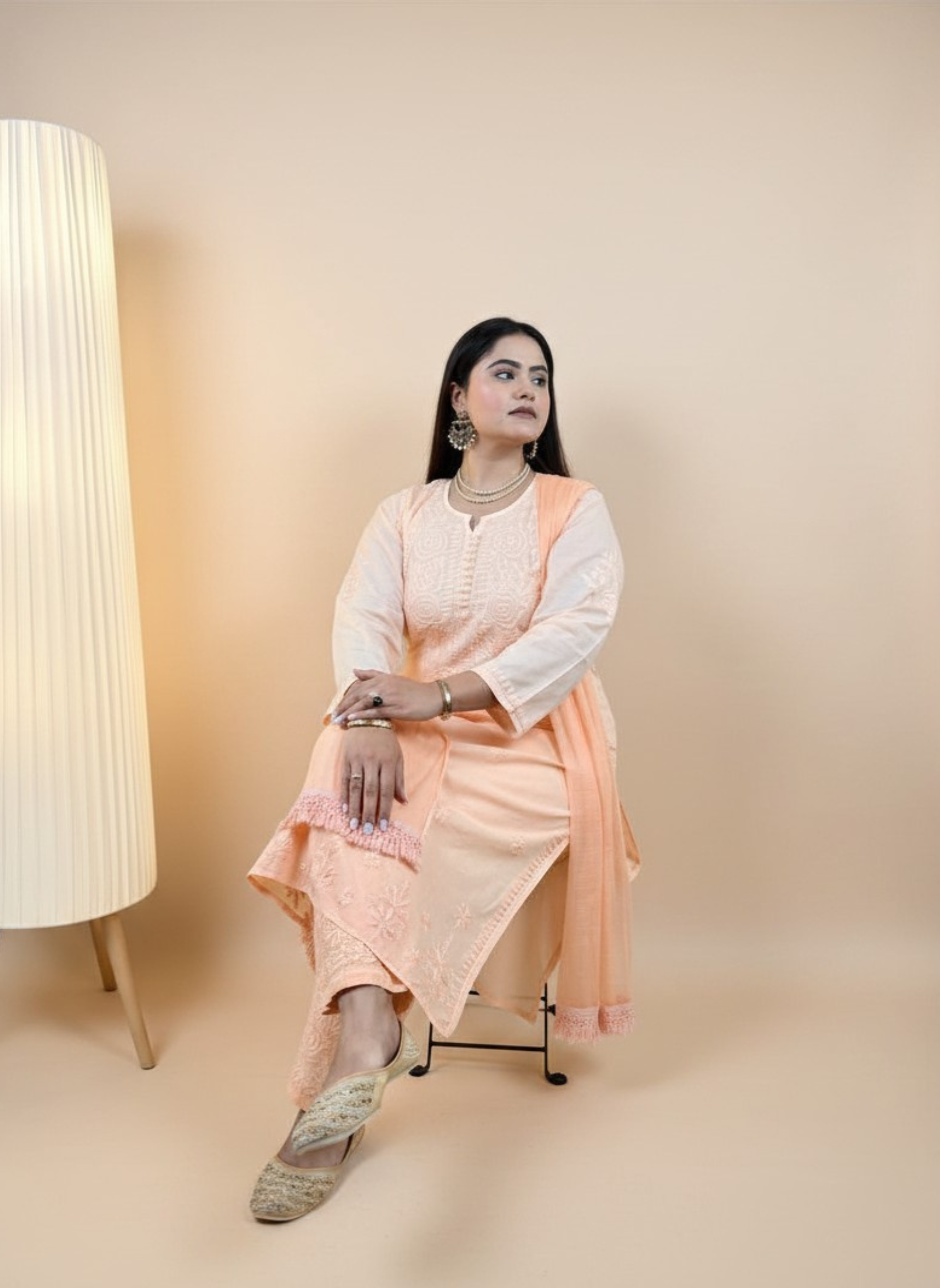 Peach Blossom Hand-Embroidered Chikankari Suit Set