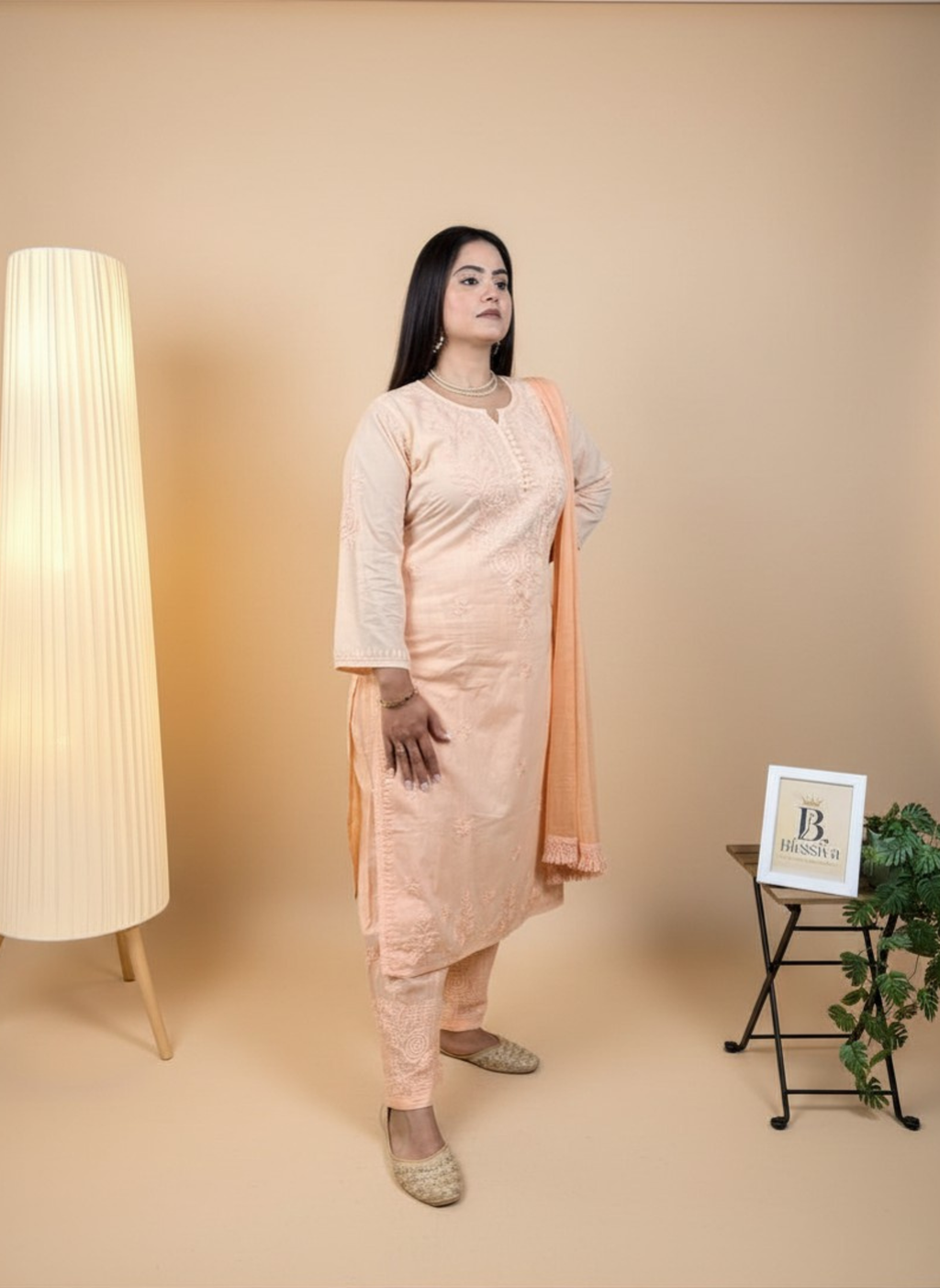 Peach Blossom Hand-Embroidered Chikankari Suit Set
