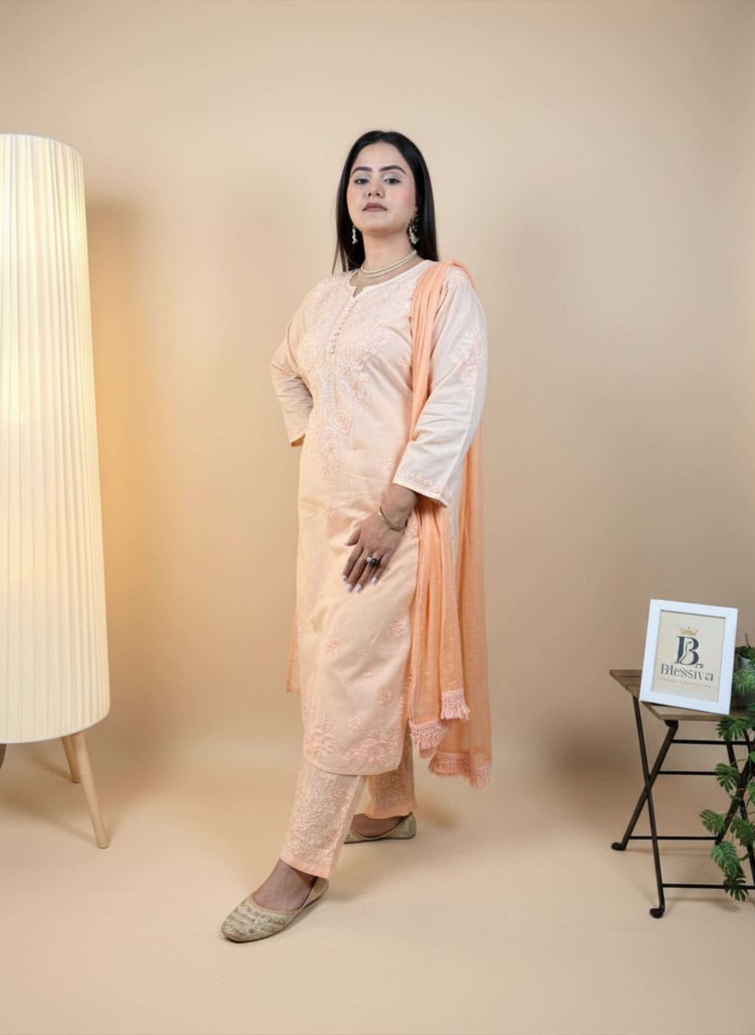 Peach Blossom Hand-Embroidered Chikankari Suit Set