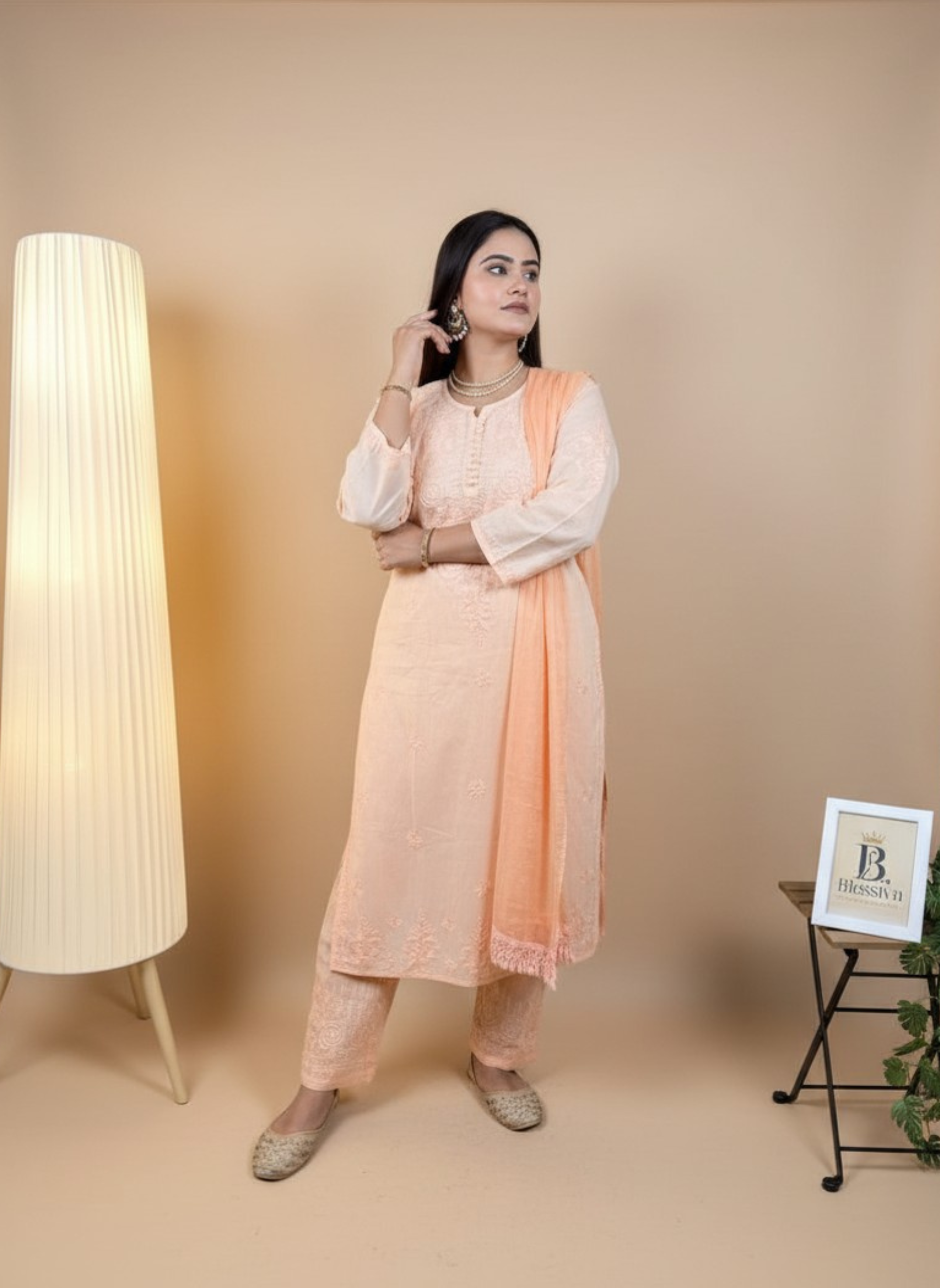 Peach Blossom Hand-Embroidered Chikankari Suit Set