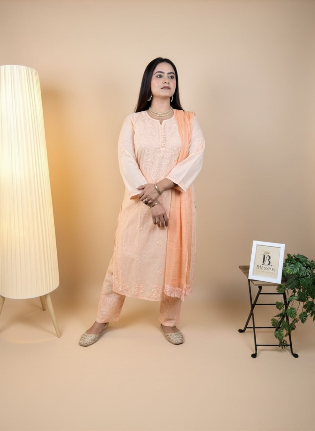 Peach Blossom Hand-Embroidered Chikankari Suit Set