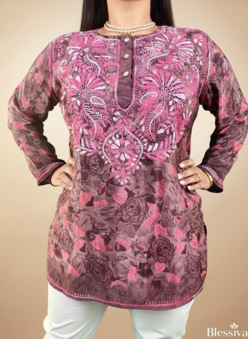 Rosewood Garden Hand-Embroidered Chikankari Kurta