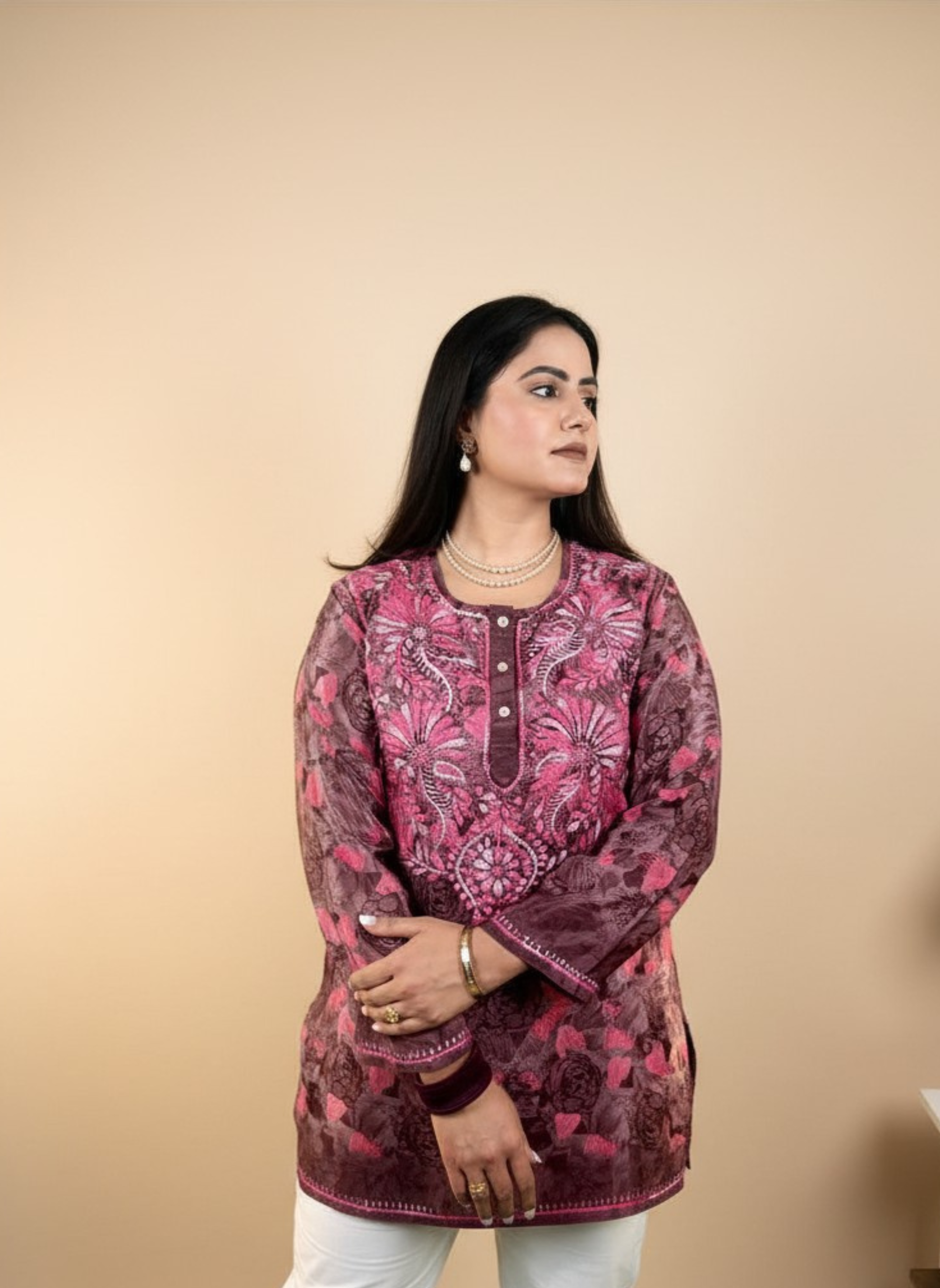 Rosewood Garden Hand-Embroidered Chikankari Kurta