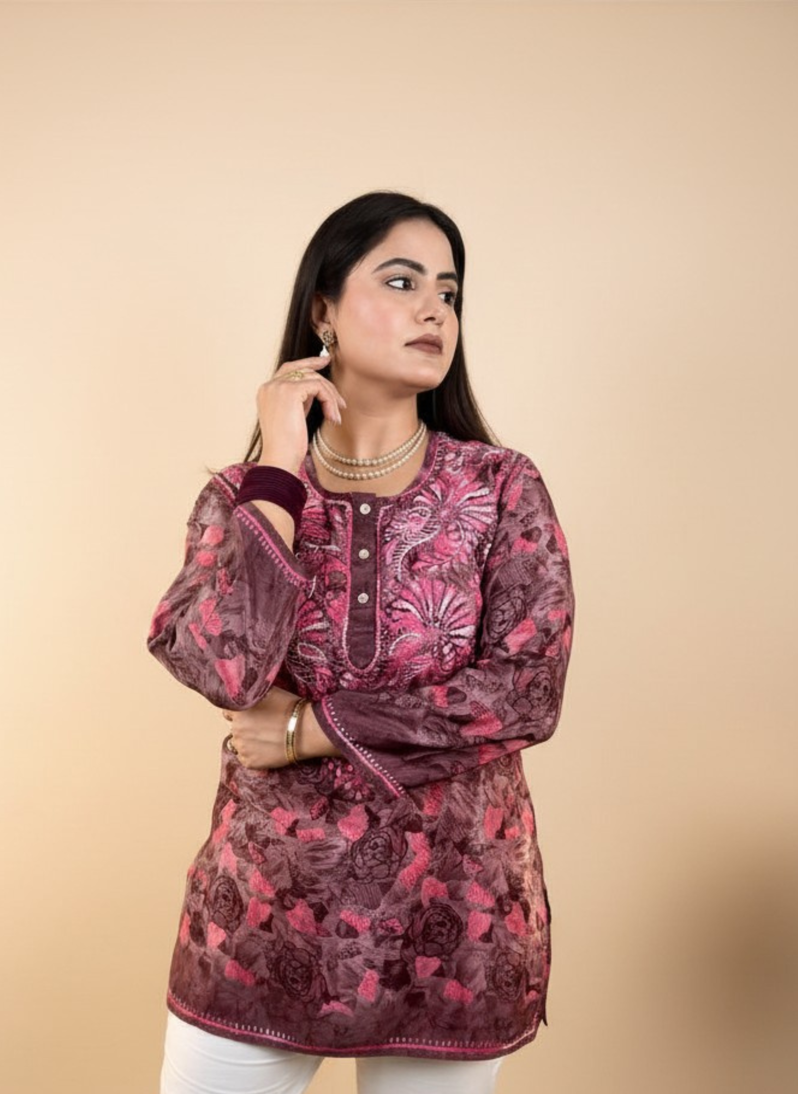 Rosewood Garden Hand-Embroidered Chikankari Kurta