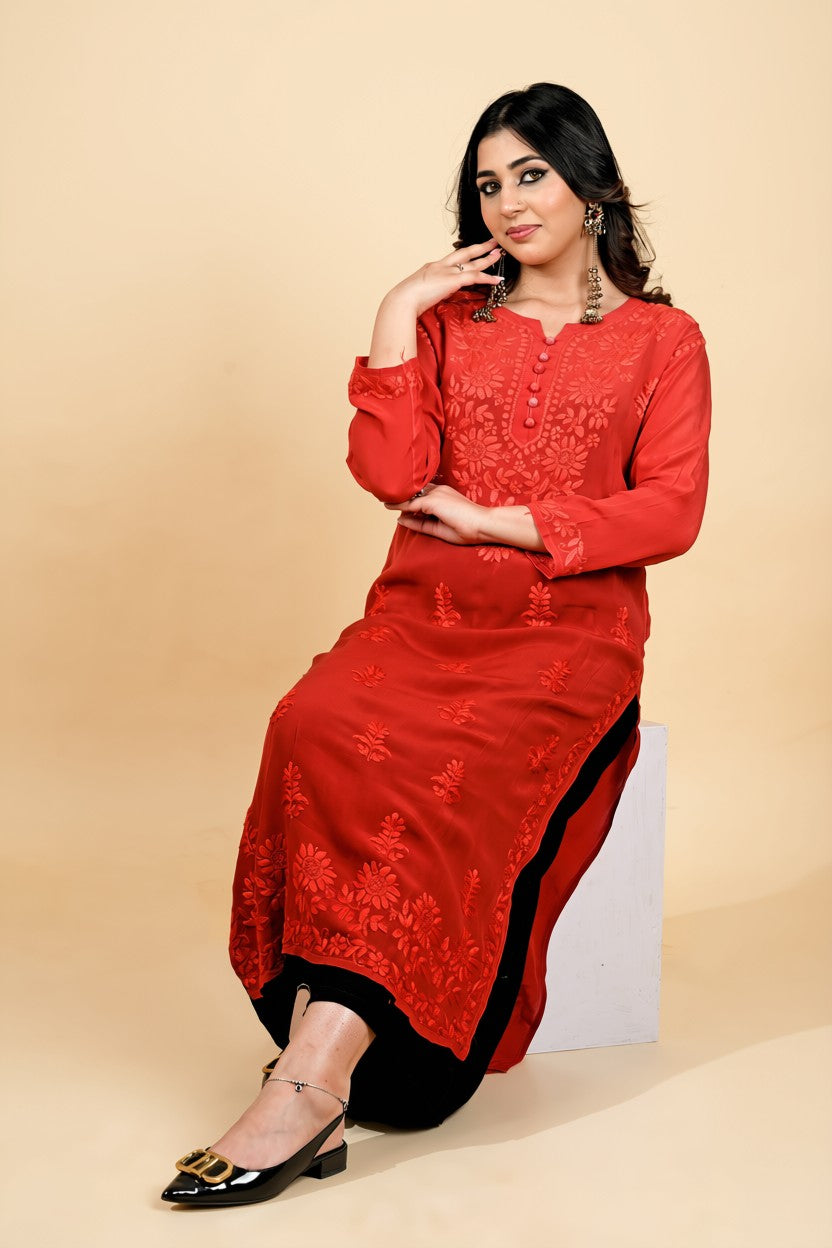 Crimson Bloom Embroidered Kurta